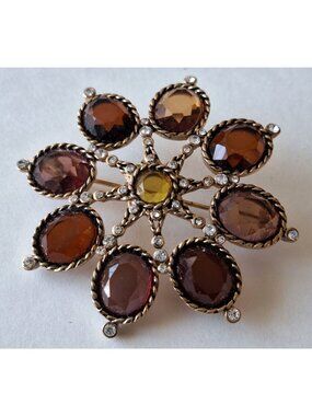 Vintage Signed Monet Amber Crystal Flower Starburst Brooch in Box